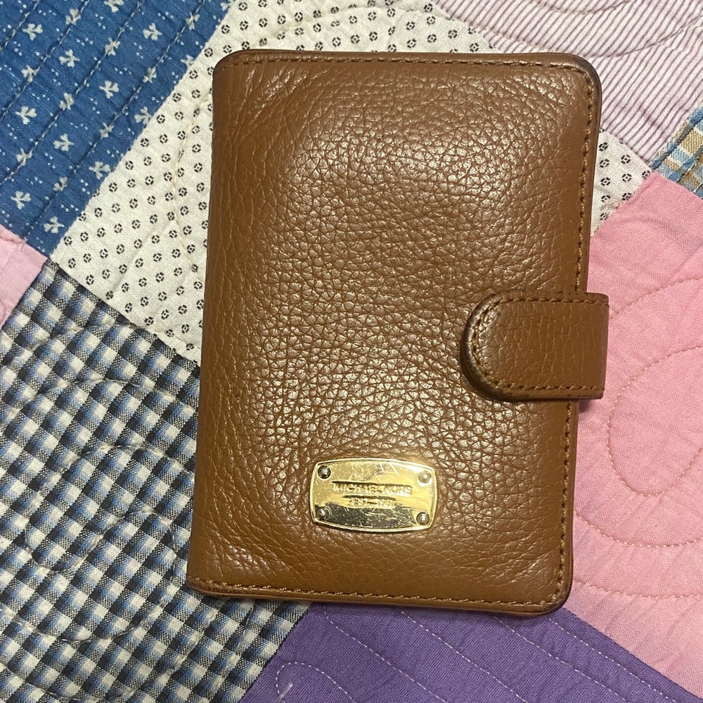 Michael Kors Brown Pebbled Leather Snap Wallet with Gold Plaque